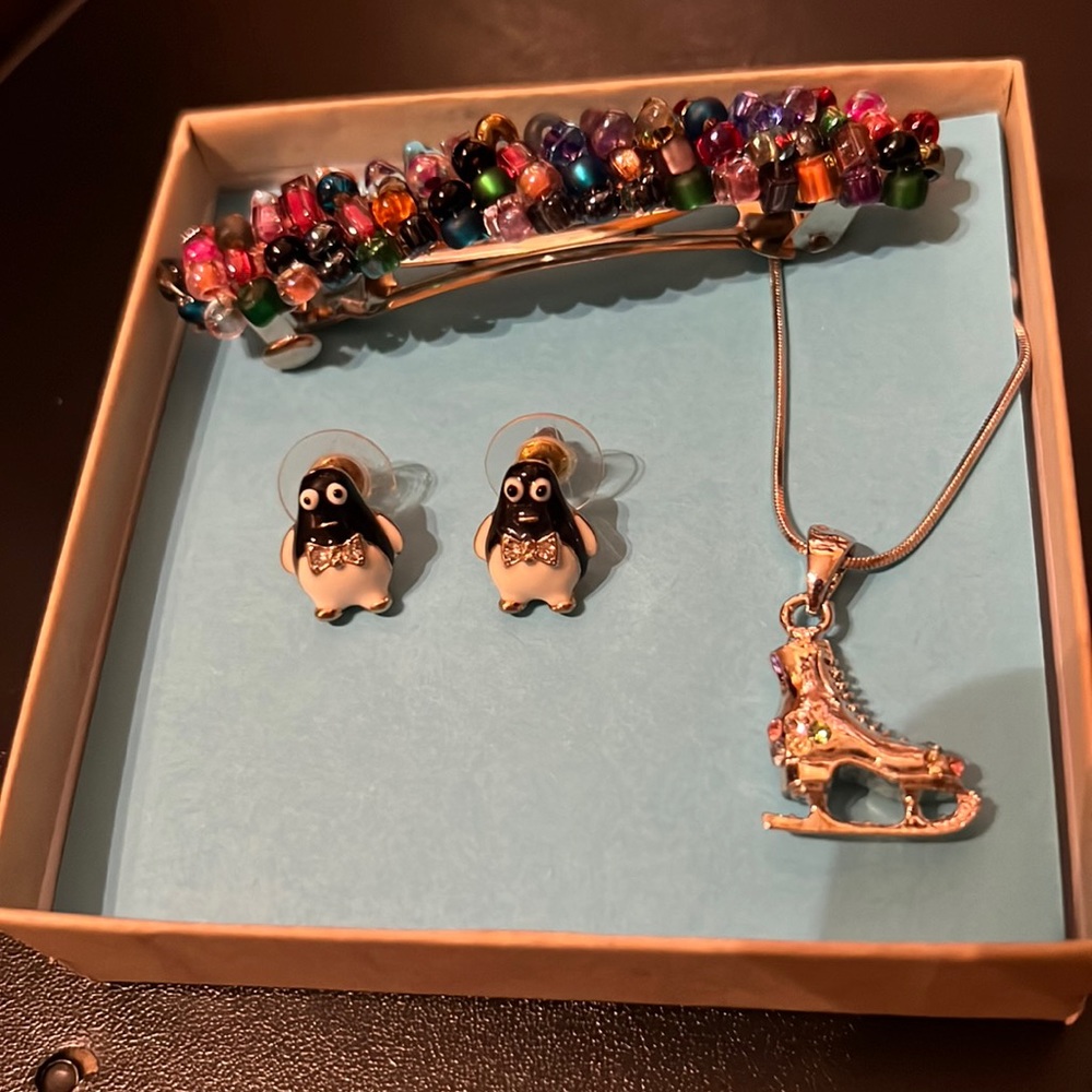 Silver skating necklace, penguin earrings and barrette
